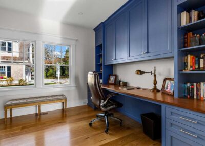 Office space with blue cabinets